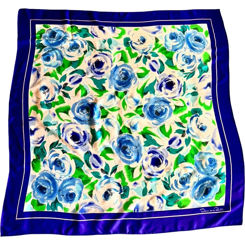 Vintage Oscar de la Renta Silk Scarf 1990s Blue Green Rose Floral 34x34 Square